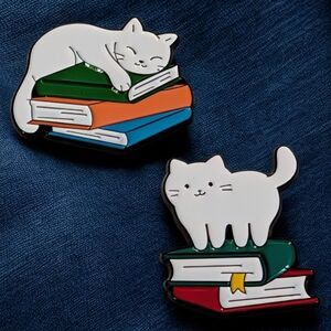 White Cats On Books Enamel Pins